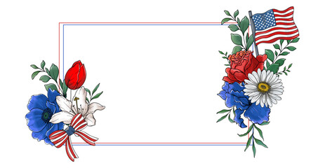 Naklejka premium 4th of July Flower Design. Independence day Illustrations. US Patriotic colors flower bouquet. US flag design with flowers. 4 July design template.