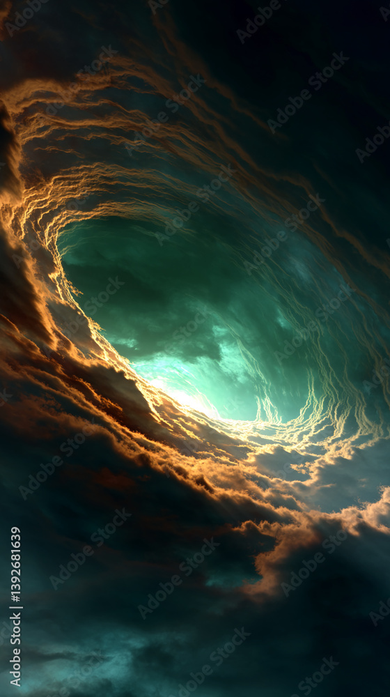 Poster abstract image of swirling clouds, dark orange and teal hues, creating a vortex effect, symbolizing 