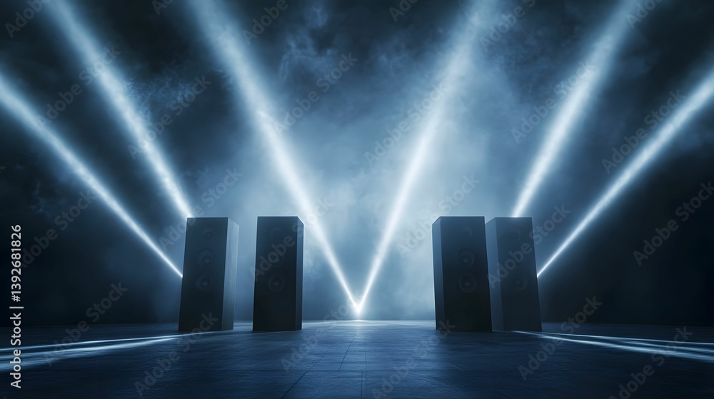 Poster a dramatic scene featuring speakers illuminated by beams of light, creating a dynamic atmosphere sui