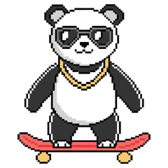 Cool Panda with Sunglasses & Chain on Skateboard Pixel Art on Transparent BG