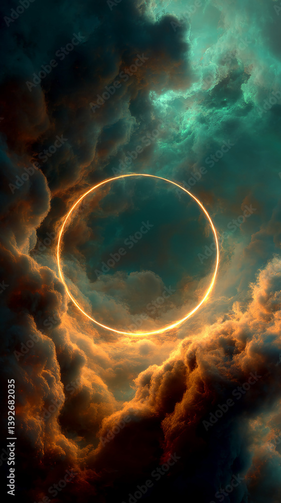 Poster glowing ring in dark cloudscape, creating a celestial or ethereal scene, showcasing a mystical and a