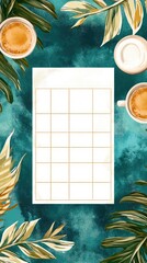 Blank planner page surrounded by tropical leaves and coffee cups