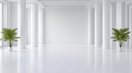 Fototapeta premium Modern minimalist white interior. Spacious hall with columns, plants, and large windows
