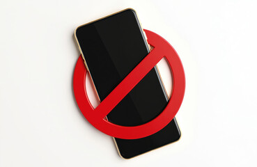 Mobile phone with red prohibition sign on white background. Smartphone covered by a sign symbol, concept of no mobile phone allowed, turn off cellphones, restrict smartphone usage.