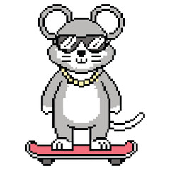 Pixeled Mouse On Skateboard with Sunglasses and Chain on Transparent Background