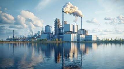 Industrial facilities by the water with smokestacks emitting vapor and a clear blue sky during the day
