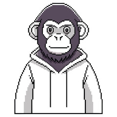 Pixelated Monkey in White Hoodie, Retro Gaming Style, Transparent Background