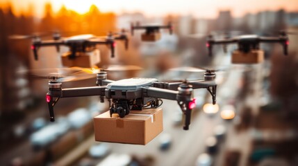 Multiple drones carrying packages fly over a blurry city at sunset.
