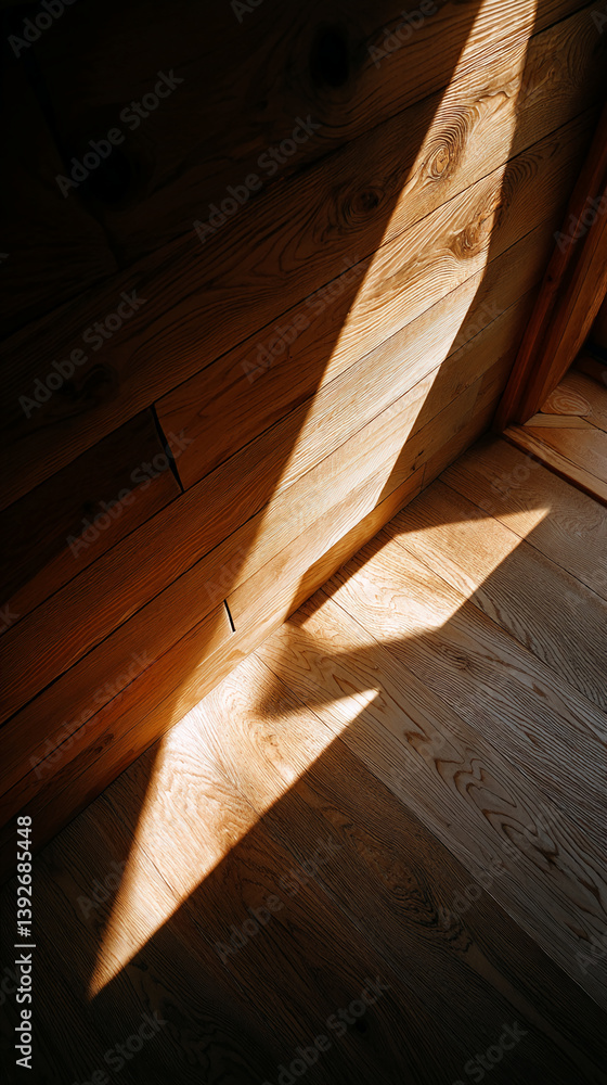 Poster sunlight illuminates wooden wall and floor, creating contrasting light and shadow patterns. the imag