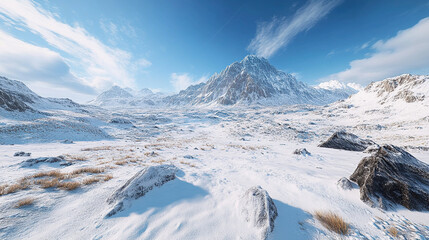 A panoramic view of a snow covered mountain range under a bright blue sky with scattered clouds