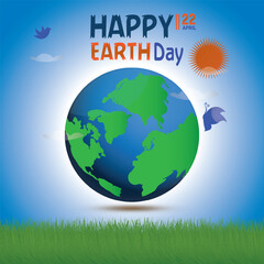 Naklejka premium World earth day calibration 22 April with earth, sun, birds, grass, with blue and Wight background with vector. 