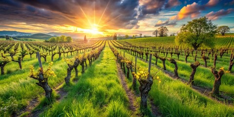 Fototapeta premium Panoramic Spring Vineyard A Lush Emerald Embrace of Rolling Hills and Verdant Growth