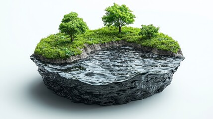 Isolated miniature island with trees surrounded by calm water on a rocky platform symbolizing nature and tranquility
