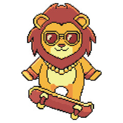 Cool Pixelated Lion with Sunglasses Riding Skateboard on White Background