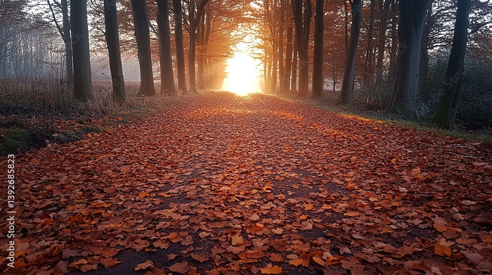 Poster autumnal path illuminated by sunlight through trees in a serene forest