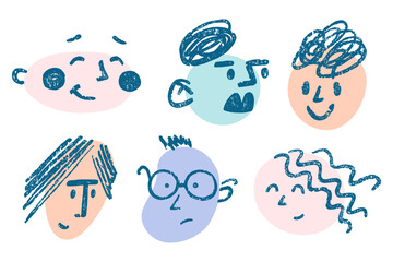 Abstract funny vector faces with different emotions.  Hand drawn comic illustration of cute human characters. Wax crayon childish drawing.