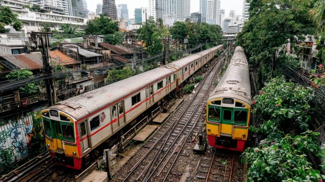 Two commuter trains on parallel tracks amidst urban cityscape, greenery, and older buildings.