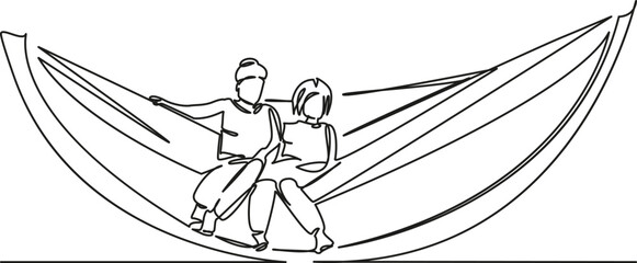 One continuous single drawing line art flat doodle girl, hammock, child, sitting, nature, happiness, relaxation, friendship. Isolated image hand draw contour on a white background, hand drawn, not AI