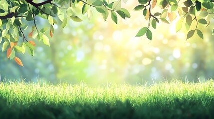 A spring day with a green grass meadow, bright sunlight, tree leaves, and a warm color background with copy space. 