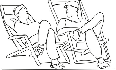 One continuous single drawing line art flat doodle person, vacation, man, woman, summer, chair, sitting, together. Isolated image hand draw contour on a white background, hand drawn, not AI
