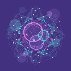 Abstract blue flower fractal circles background for quantum global data integration, pink connected dots, sphere lines outline wireframe, technology, AI data, energy vibration in space wallpaper