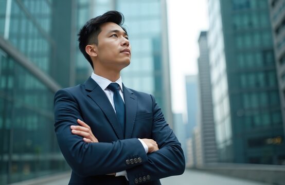 Asian businessman in suit stands outdoors, urban cityscape background. Confident young male pro, arms crossed, corporate office. Career, success, achievement, thinking, leadership, business person,