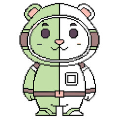 Pixel Art Bear in Astronaut Suit with Two Tone Color on Transparent Background