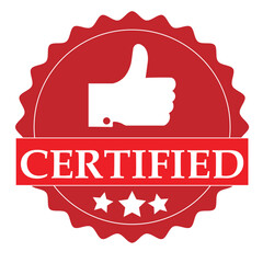 Red Certified Seal Vector  Thumbs Up Icon with Stars and Serrated Edge Badge Design