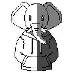 Pixelated Elephant Character in Hoodie Split White and Gray, Transparent Background