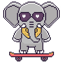 Pixelated Elephant with Sunglasses Riding Skateboard Retro 8bit Animal Art