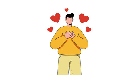 Isolated Man with Hearts around him