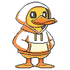 Pixel Art Duck Cartoon Character with White Hoodie on Transparent Background