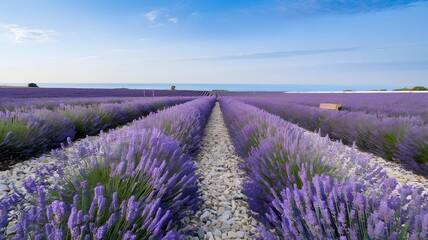 Obraz premium Expansive Lavender Fields Stretching to the Horizon by the Sea