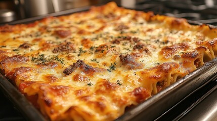 Close up view of a freshly baked homemade lasagna with melted cheese