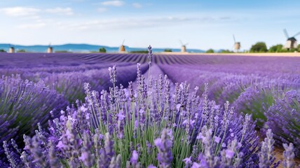 Obraz premium Blooming Lavender Field with Distant Windmills Under a Bright Sky