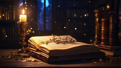 Magical Open Book Glowing Amidst Candlelit Fantasy Setting