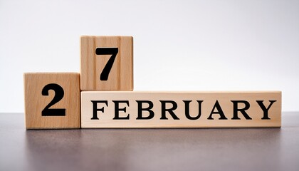Minimalist photo of a wooden blocks with date 27 February. Day and month, calendar on white background