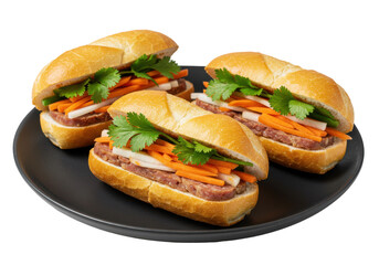 Three delicious sandwiches filled with fresh vegetables and herbs on a plate