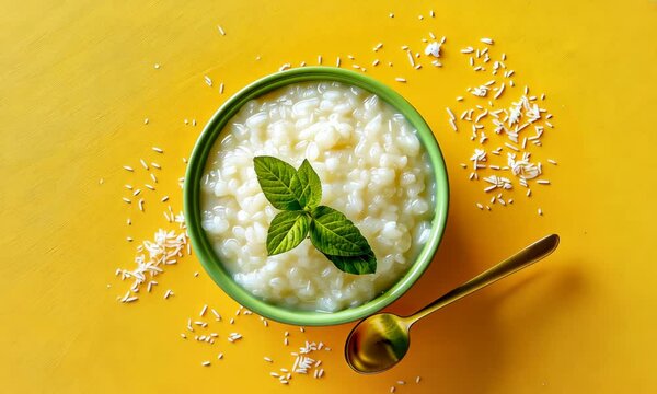 Creamy tapioca pudding garnished with mint leaves in green bowl on yellow background