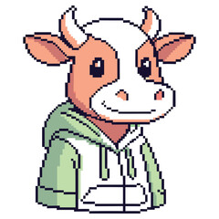 Pixel Art Cow Character with Hoodie, Cartoon Animal, Retro Game Style, Isolated