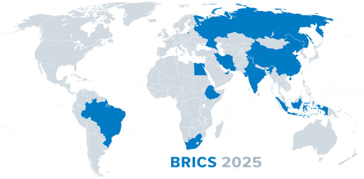 BRICS member states 2025, political map. Organization compromising 10 countries as of January 6, 2025. BRICS are initial letters of first member states Brazil, Russia, India, China, and South Africa.