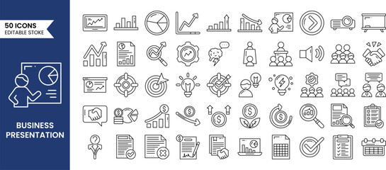 Business presentation icons set in line style. Containing seminar, sales presentation, meeting, whiteboard, conference, business plan and more. Vector illustration