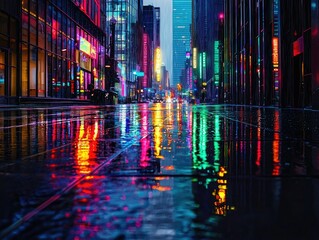Fototapeta premium Vibrant city street at night, reflecting neon lights in a rain-slicked pavement.