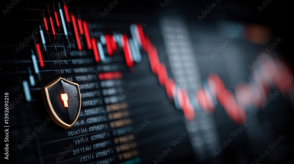 Poster close up view of a gold shield icon on a dark background with a red and white stock market graph sho