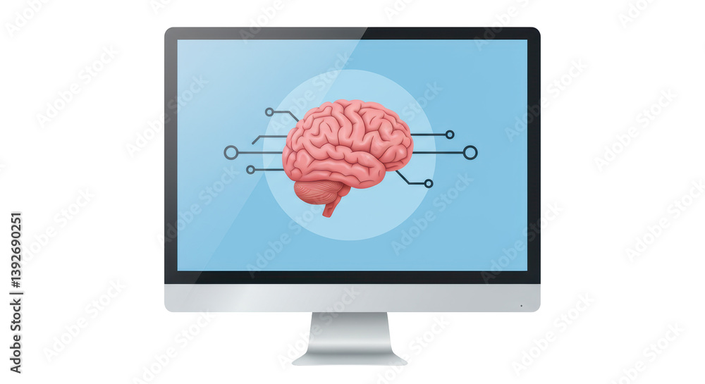 Poster isolated brain on computer screen, artificial intelligence