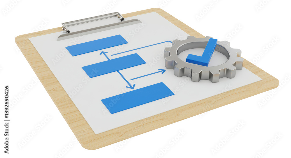 Poster isolated clipboard with flowchart and gear mechanism