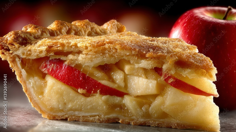 Poster a slice of apple pie with a red apple in the background, dusted with sugar.