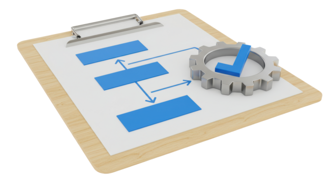 Isolated Clipboard with Flowchart and Gear Mechanism