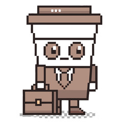 Pixel Art Coffee Cup Character in Suit with Briefcase on Transparent Background