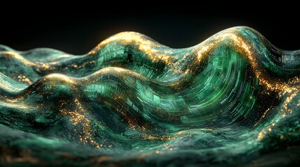 a close up of a green and gold wave in a dark room